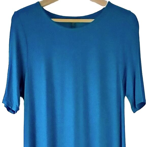 Eileen Fisher SZ S Lightweight Viscose Jersey Asymmetrical A-Line Dress Nile - Picture 3 of 5